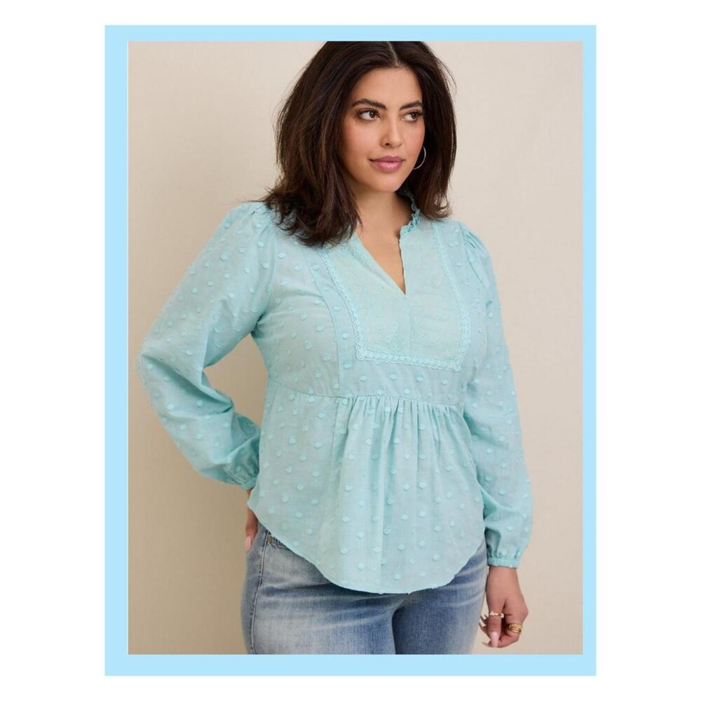 NWT Torrid 3X Canal Blue Clip Dot Mixed Cotton Eyelet Yoke Detail Shirt